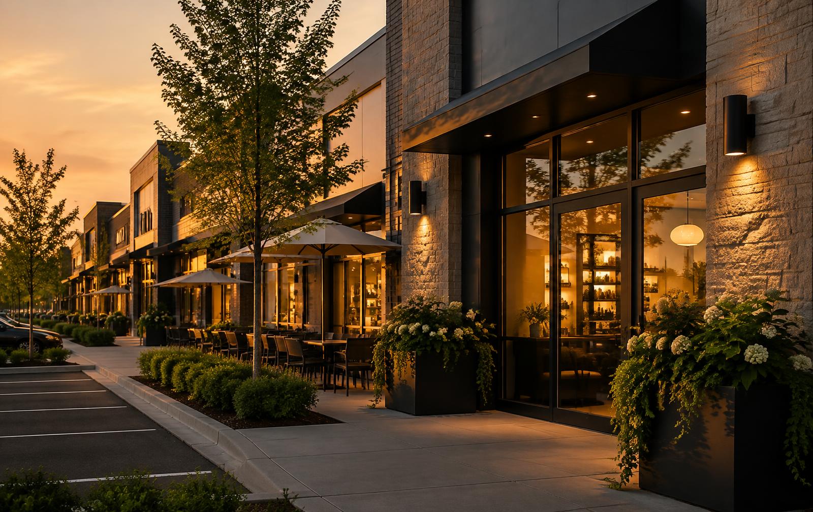 Storefronts at a commercial plaza at dusk